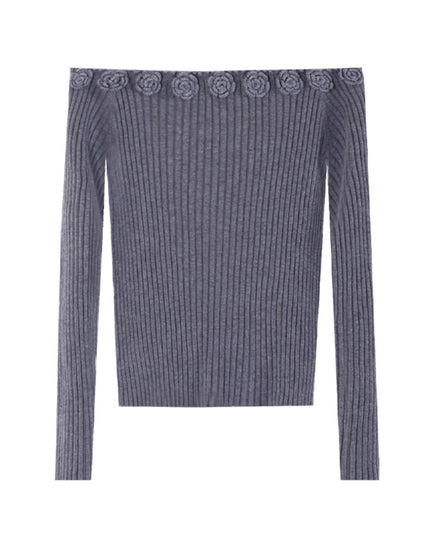 AIXILI 3D Rose Off-Shoulder Knit Top with Wool Blend
