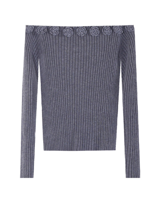 AIXILI 3D Rose Off-Shoulder Knit Top with Wool Blend