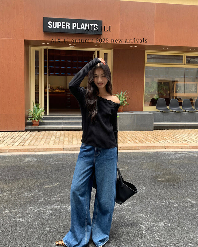 AIXILI 3D Rose Off-Shoulder Knit Top with Wool Blend