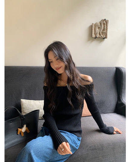 AIXILI 3D Rose Off-Shoulder Knit Top with Wool Blend