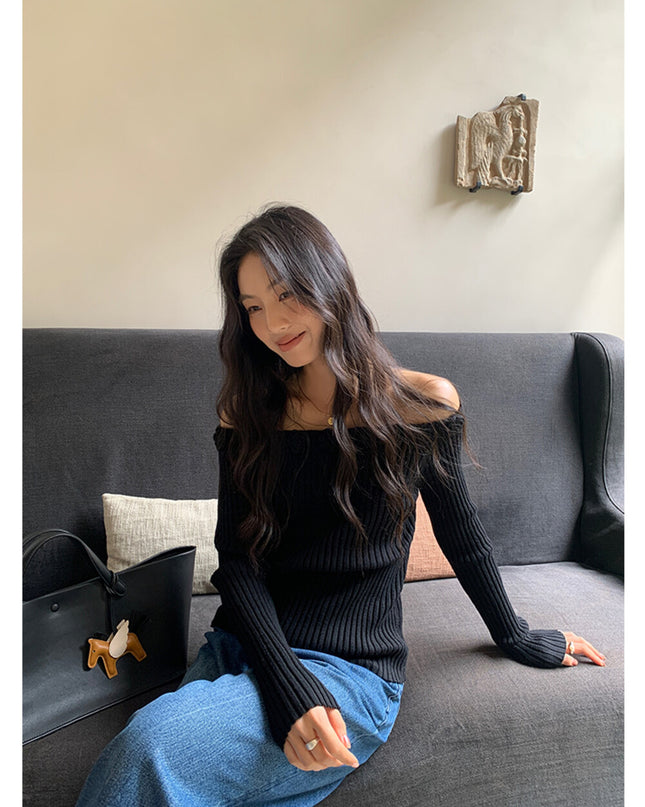 AIXILI 3D Rose Off-Shoulder Knit Top with Wool Blend