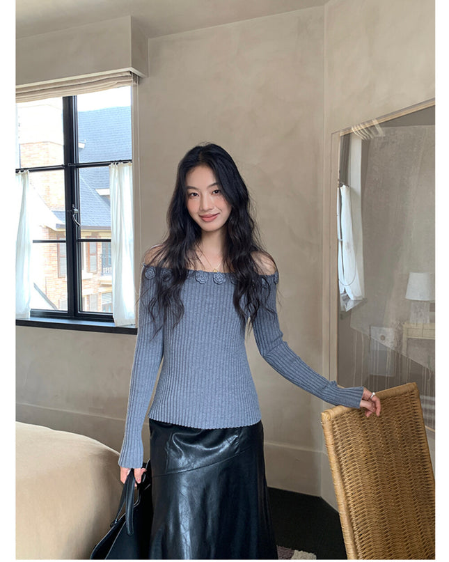 AIXILI 3D Rose Off-Shoulder Knit Top with Wool Blend