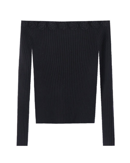 AIXILI 3D Rose Off-Shoulder Knit Top with Wool Blend
