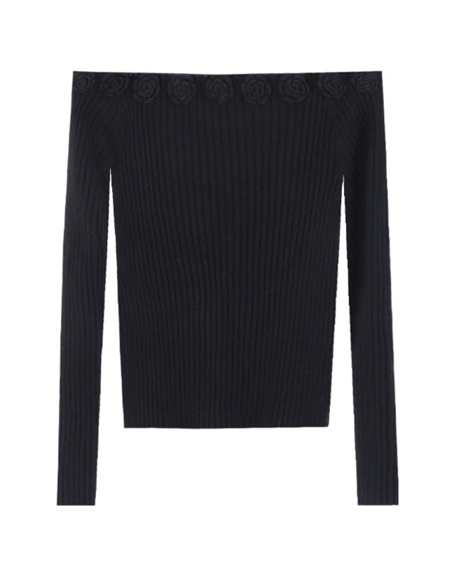 AIXILI 3D Rose Off-Shoulder Knit Top with Wool Blend