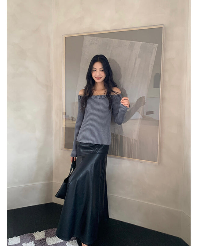 AIXILI 3D Rose Off-Shoulder Knit Top with Wool Blend