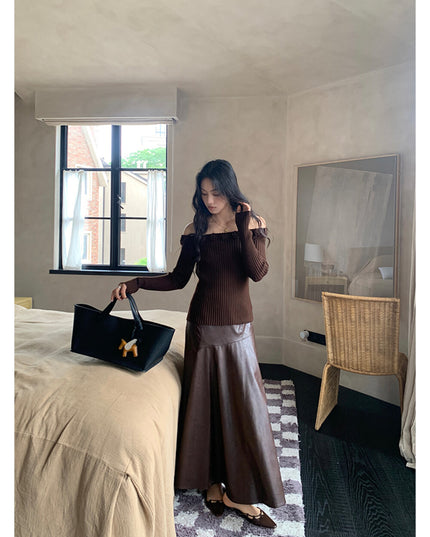 AIXILI 3D Rose Off-Shoulder Knit Top with Wool Blend