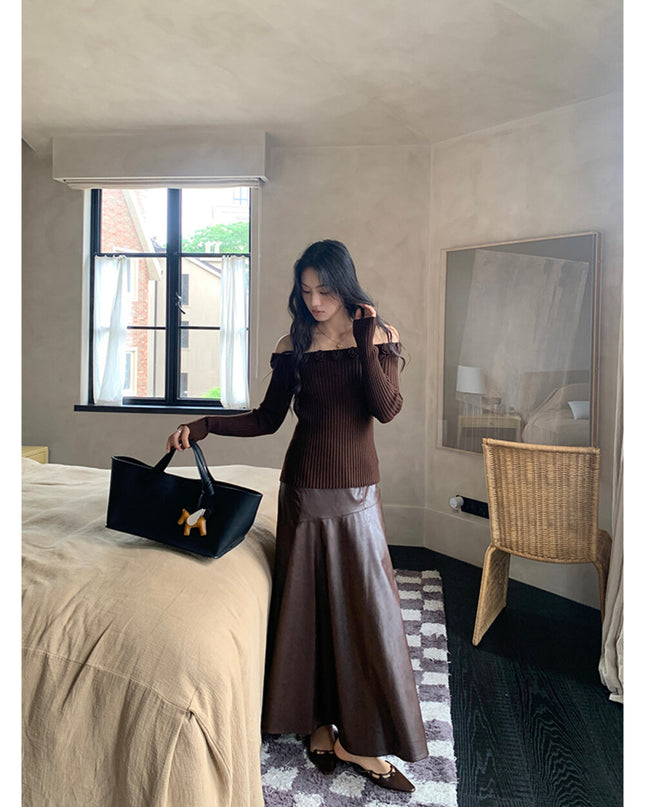 AIXILI 3D Rose Off-Shoulder Knit Top with Wool Blend