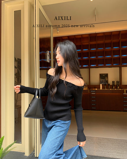 AIXILI 3D Rose Off-Shoulder Knit Top with Wool Blend