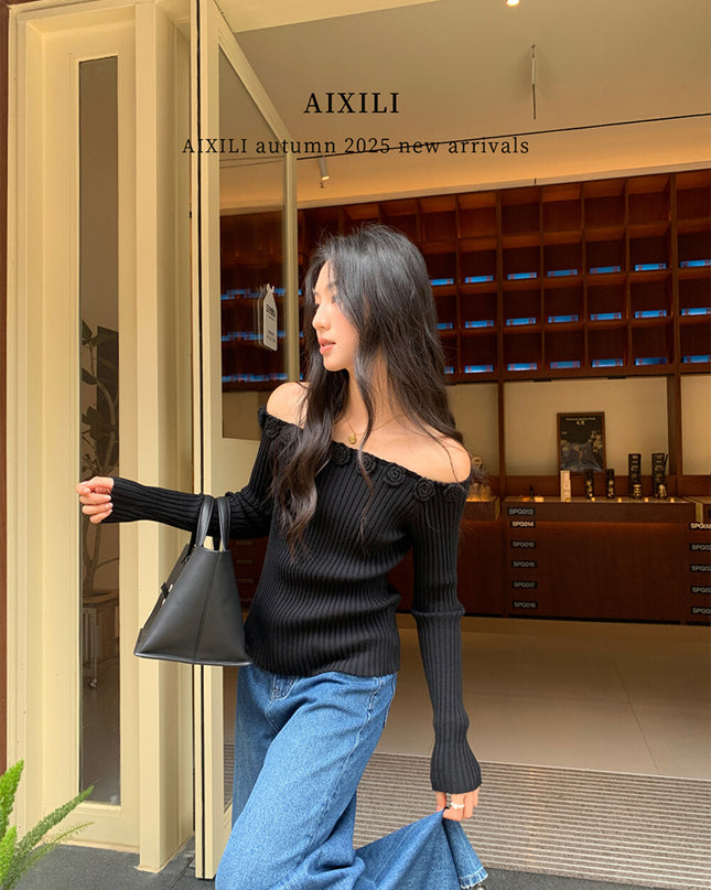 AIXILI 3D Rose Off-Shoulder Knit Top with Wool Blend