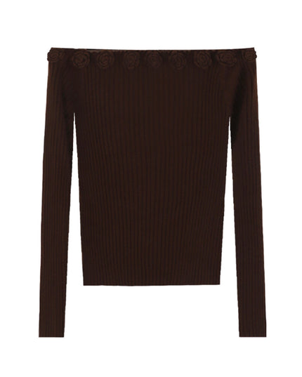 AIXILI 3D Rose Off-Shoulder Knit Top with Wool Blend