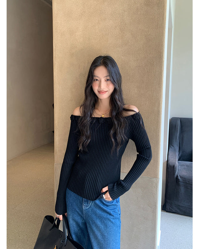 AIXILI 3D Rose Off-Shoulder Knit Top with Wool Blend