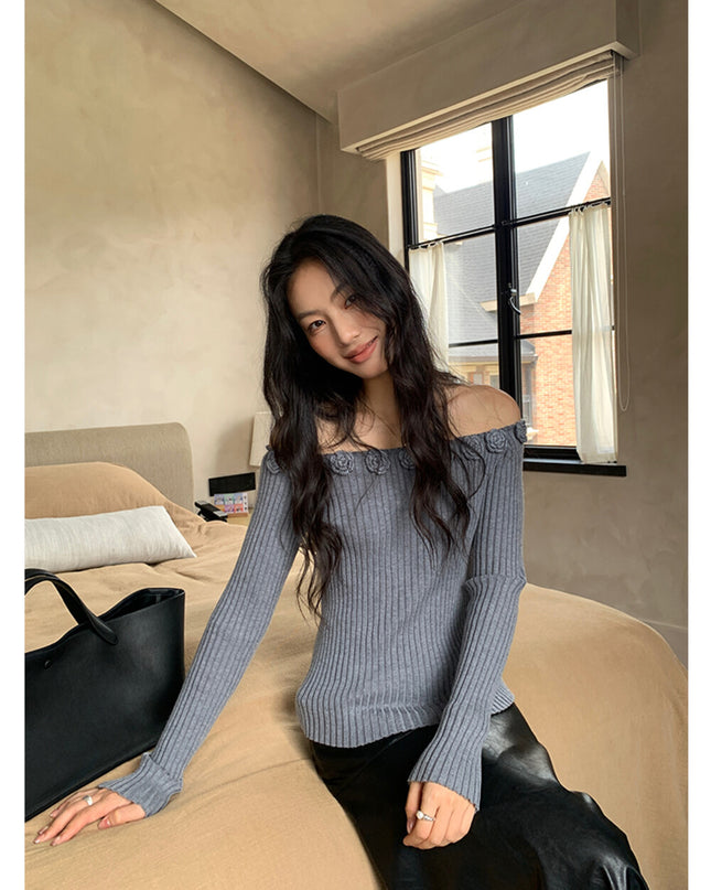 AIXILI 3D Rose Off-Shoulder Knit Top with Wool Blend