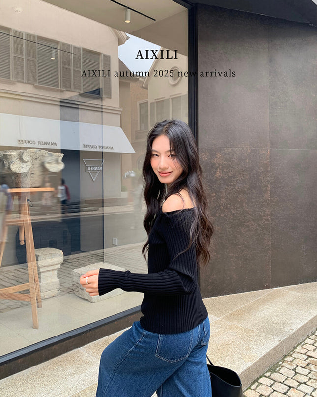 AIXILI 3D Rose Off-Shoulder Knit Top with Wool Blend