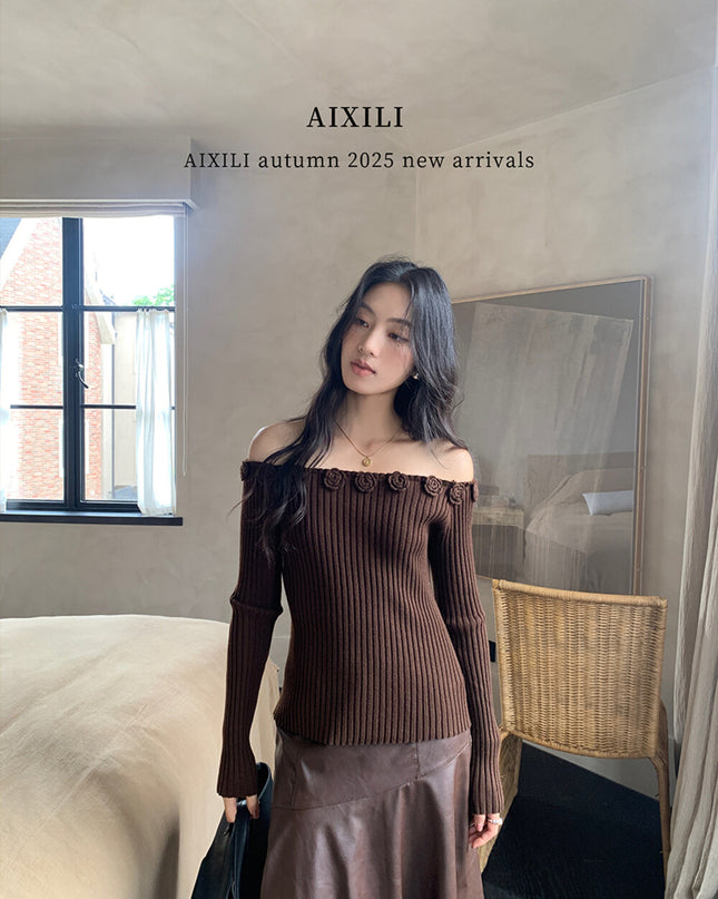 AIXILI 3D Rose Off-Shoulder Knit Top with Wool Blend