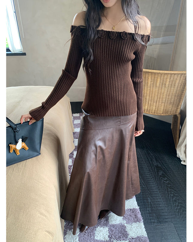AIXILI 3D Rose Off-Shoulder Knit Top with Wool Blend