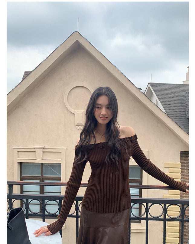 AIXILI 3D Rose Off-Shoulder Knit Top with Wool Blend