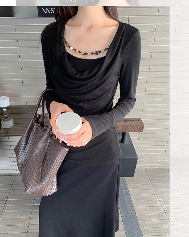 AIXILI Beaded Drape-Neck Illusion Two-Piece Fitted Knit Top