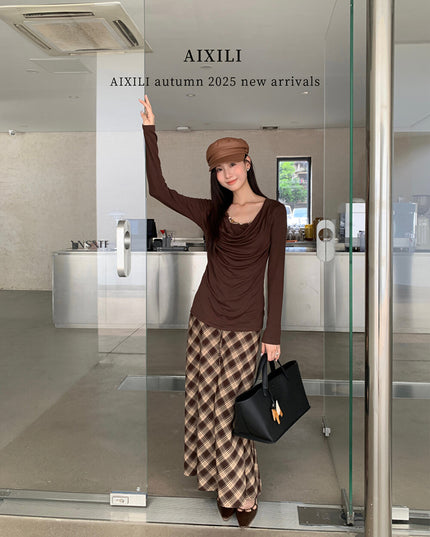 AIXILI Beaded Drape-Neck Illusion Two-Piece Fitted Knit Top