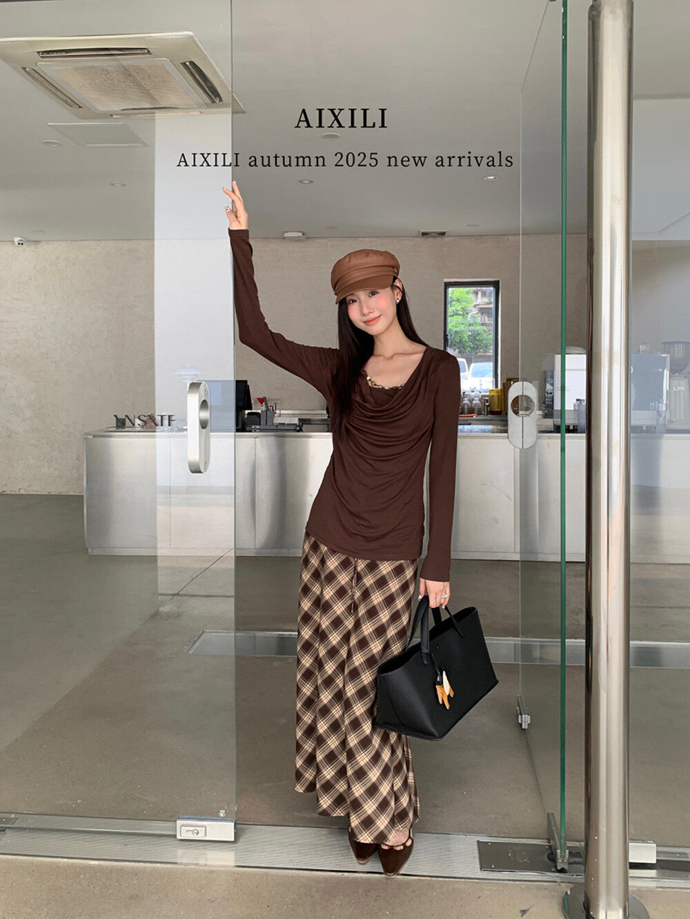 AIXILI Beaded Drape-Neck Illusion Two-Piece Fitted Knit Top