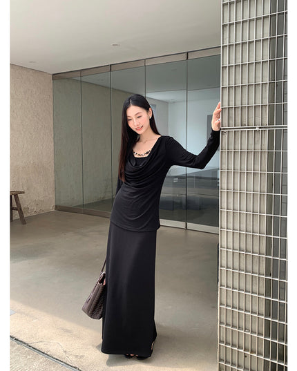 AIXILI Beaded Drape-Neck Illusion Two-Piece Fitted Knit Top