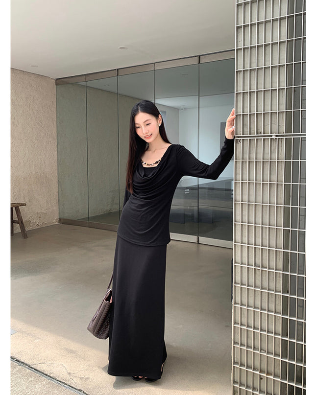 AIXILI Beaded Drape-Neck Illusion Two-Piece Fitted Knit Top