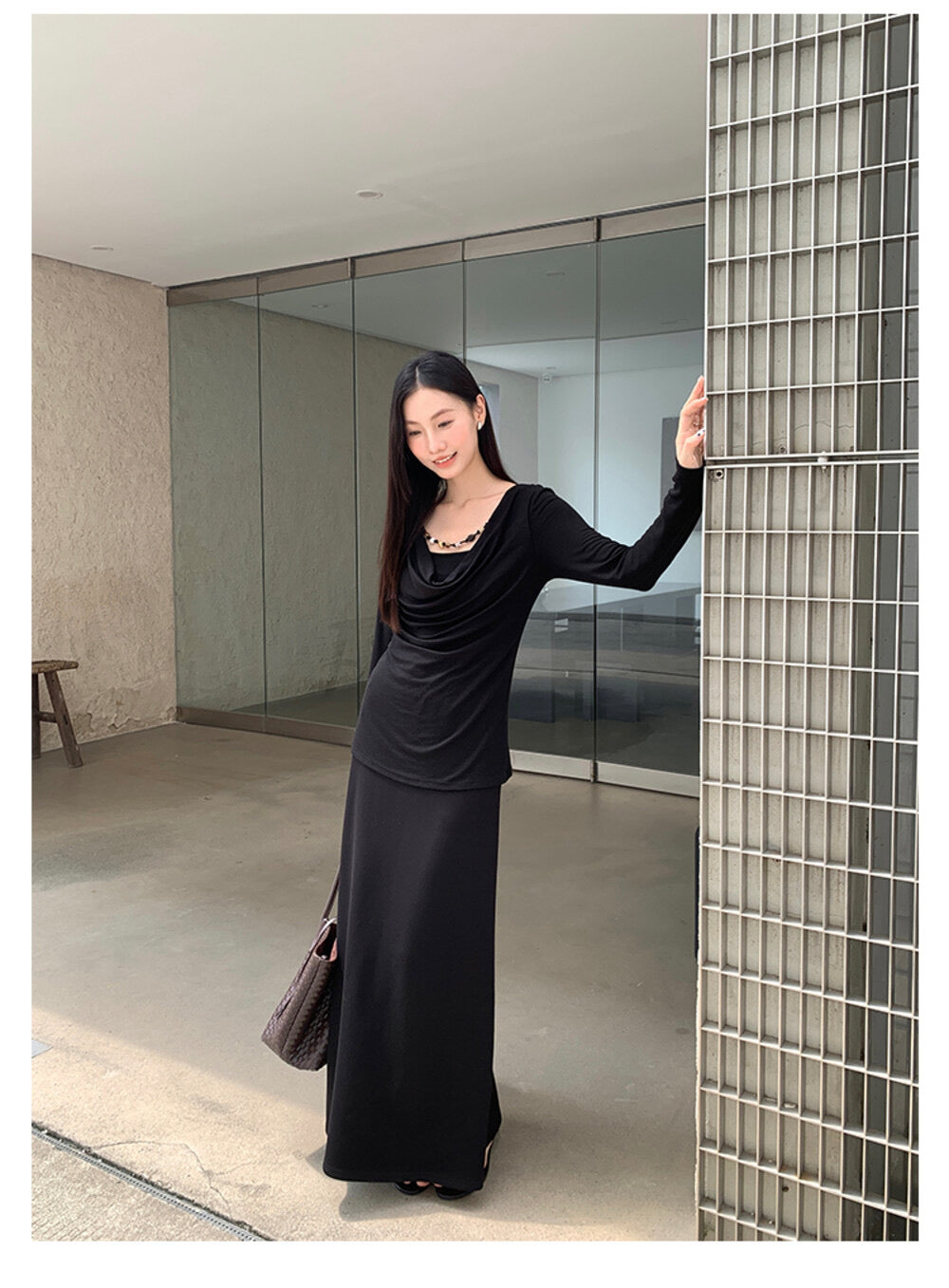 AIXILI Beaded Drape-Neck Illusion Two-Piece Fitted Knit Top