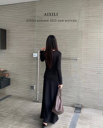 AIXILI Beaded Drape-Neck Illusion Two-Piece Fitted Knit Top