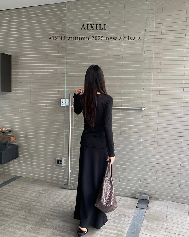 AIXILI Beaded Drape-Neck Illusion Two-Piece Fitted Knit Top