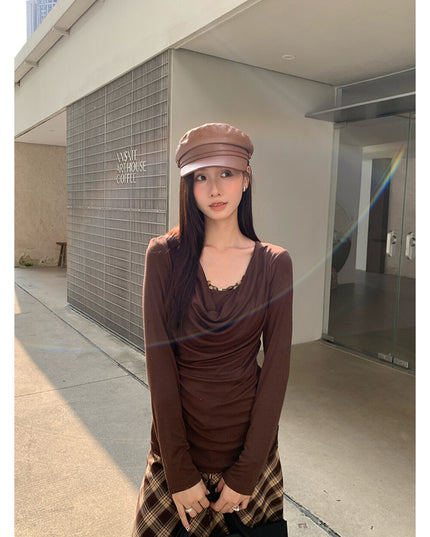 AIXILI Beaded Drape-Neck Illusion Two-Piece Fitted Knit Top