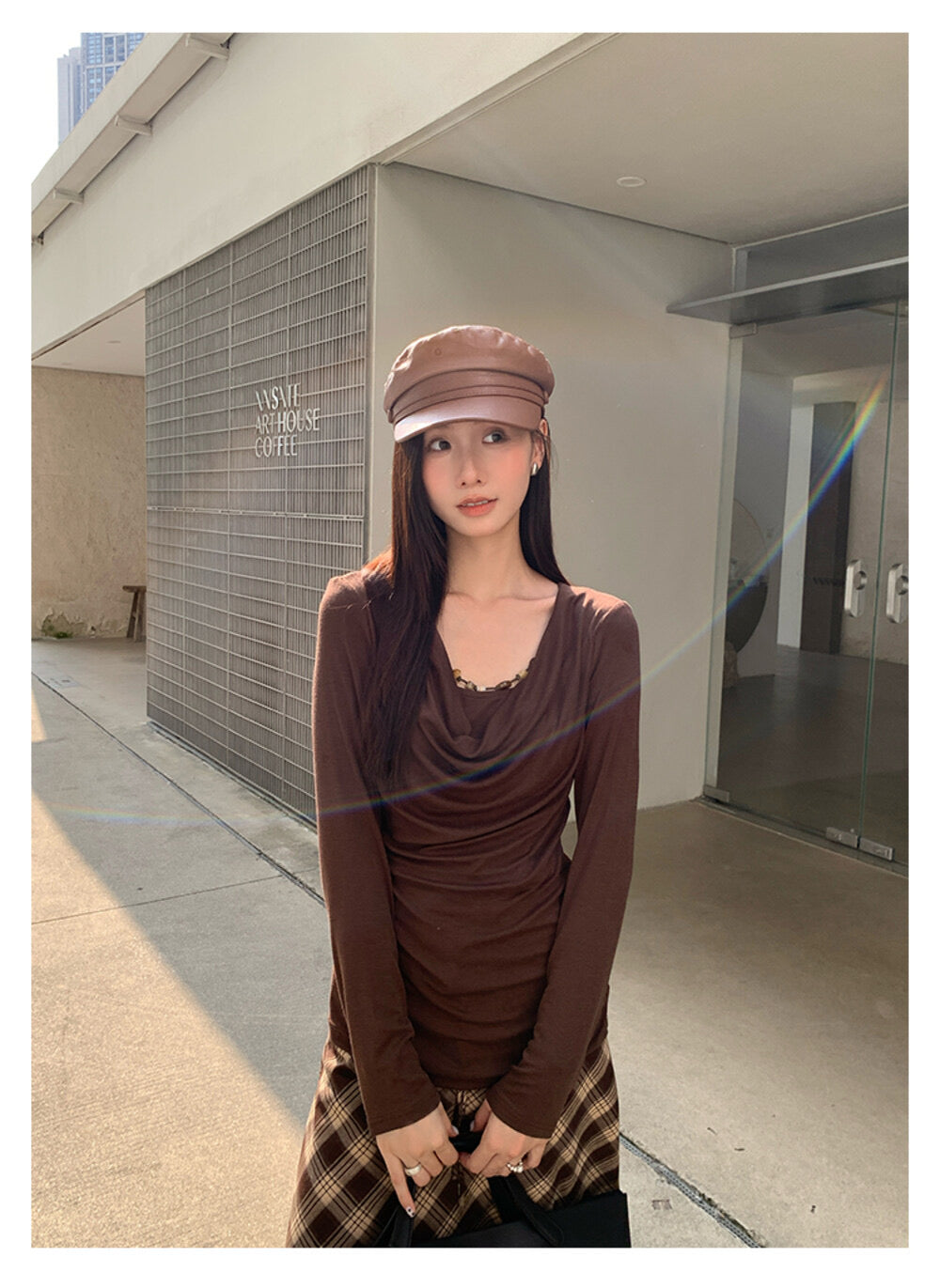 AIXILI Beaded Drape-Neck Illusion Two-Piece Fitted Knit Top