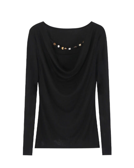 AIXILI Beaded Drape-Neck Illusion Two-Piece Fitted Knit Top