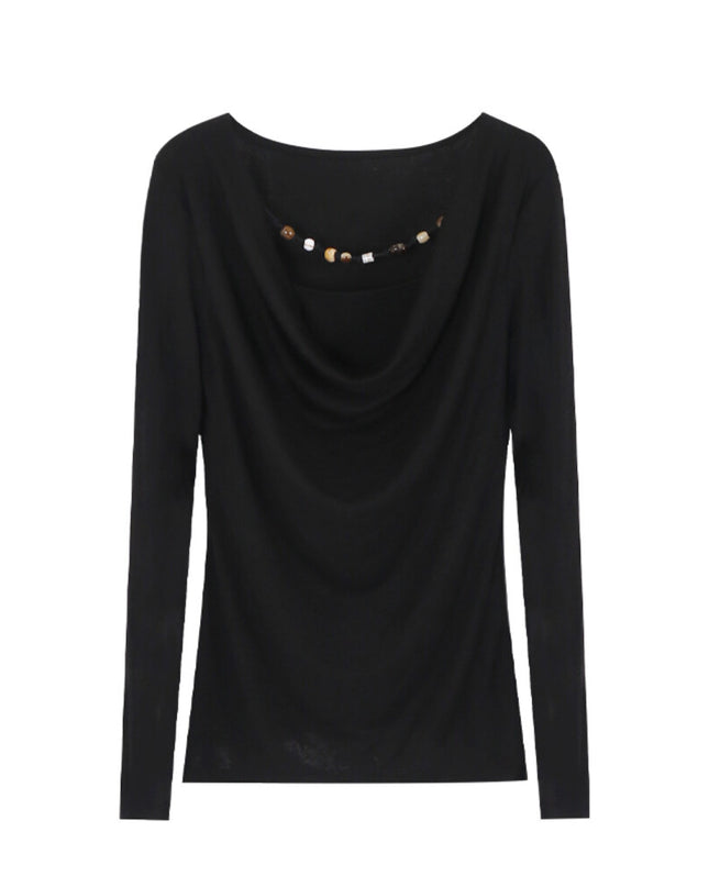 AIXILI Beaded Drape-Neck Illusion Two-Piece Fitted Knit Top