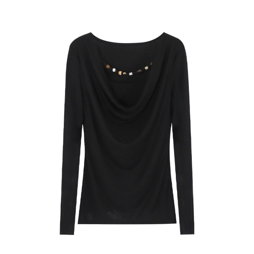 AIXILI Beaded Drape-Neck Illusion Two-Piece Fitted Knit Top