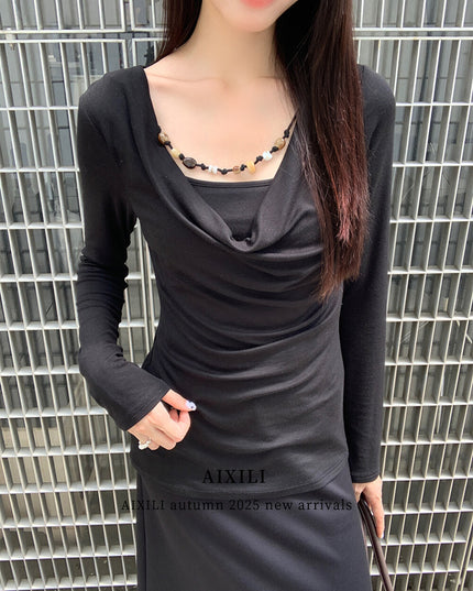 AIXILI Beaded Drape-Neck Illusion Two-Piece Fitted Knit Top