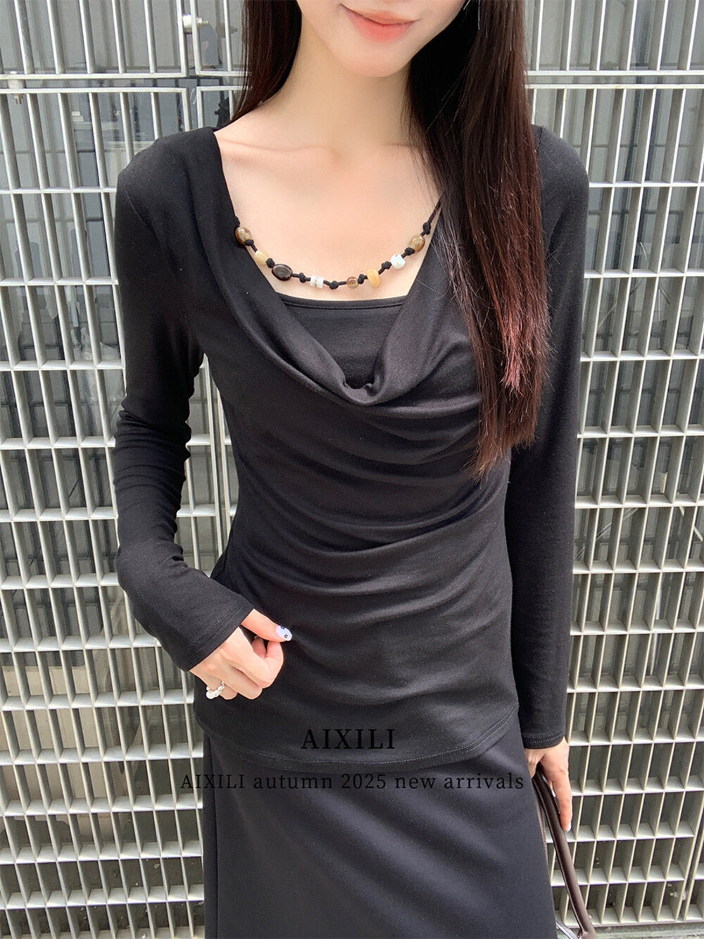 AIXILI Beaded Drape-Neck Illusion Two-Piece Fitted Knit Top