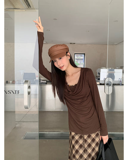 AIXILI Beaded Drape-Neck Illusion Two-Piece Fitted Knit Top