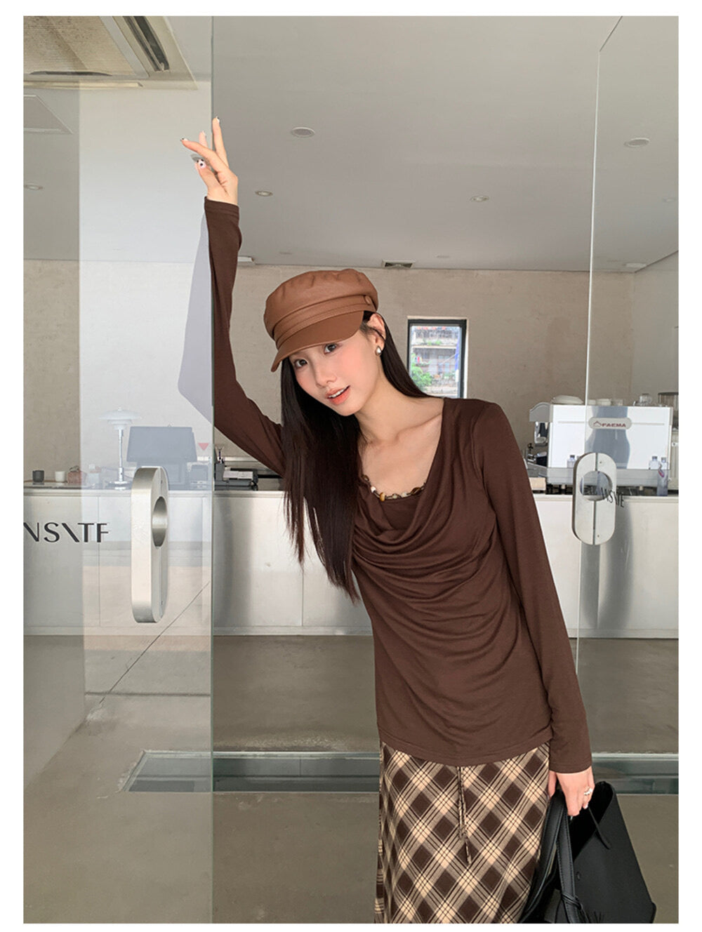 AIXILI Beaded Drape-Neck Illusion Two-Piece Fitted Knit Top
