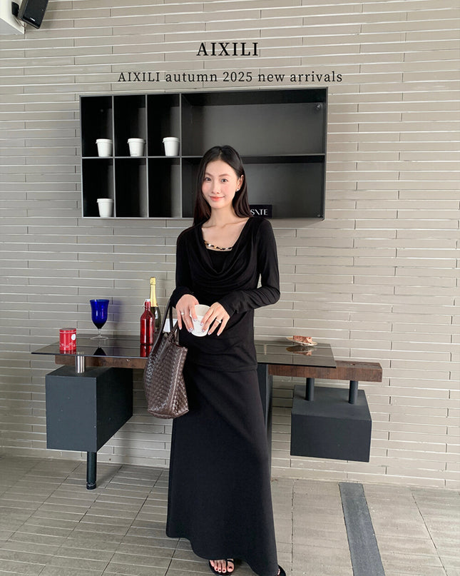 AIXILI Beaded Drape-Neck Illusion Two-Piece Fitted Knit Top