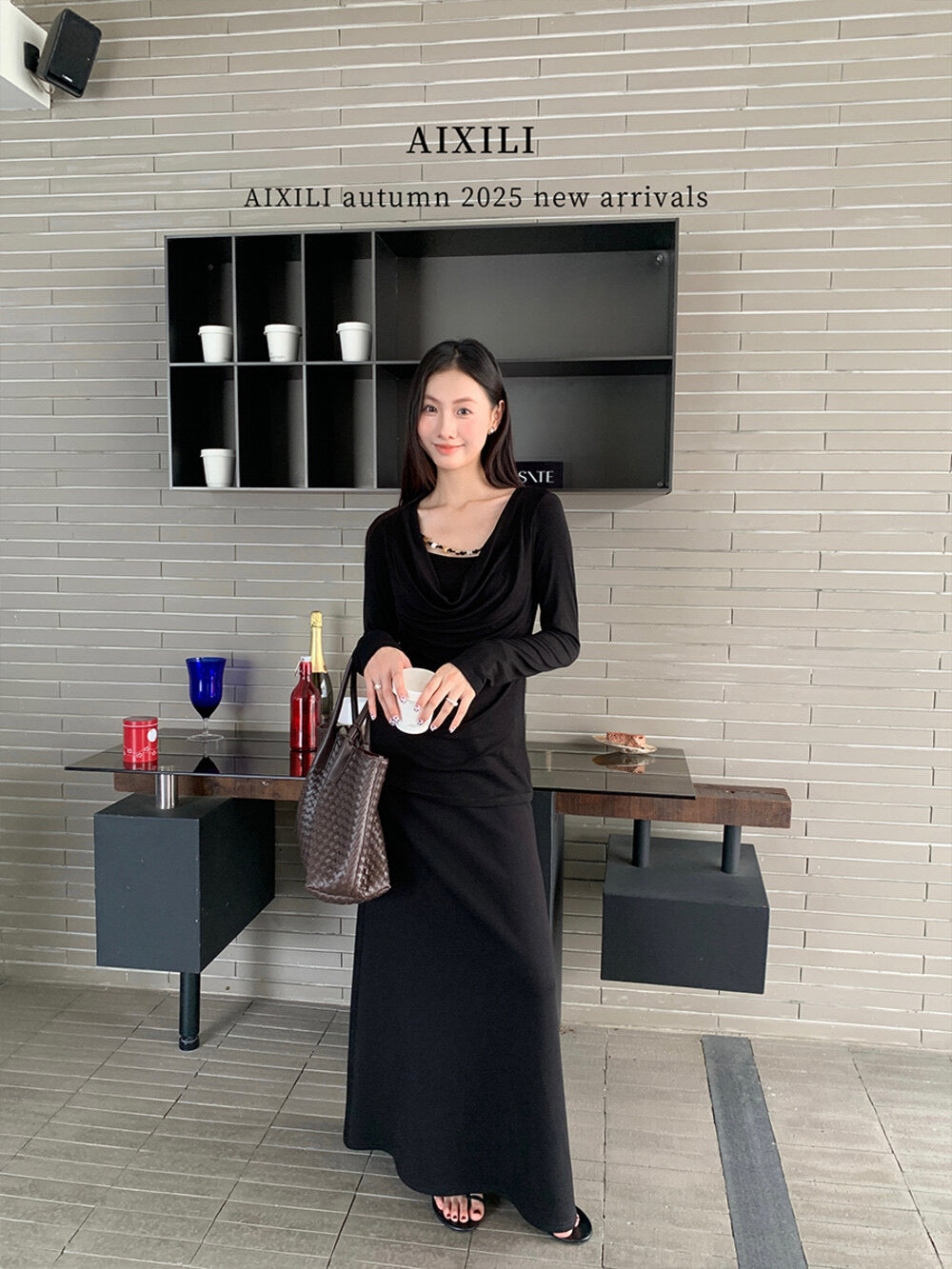 AIXILI Beaded Drape-Neck Illusion Two-Piece Fitted Knit Top