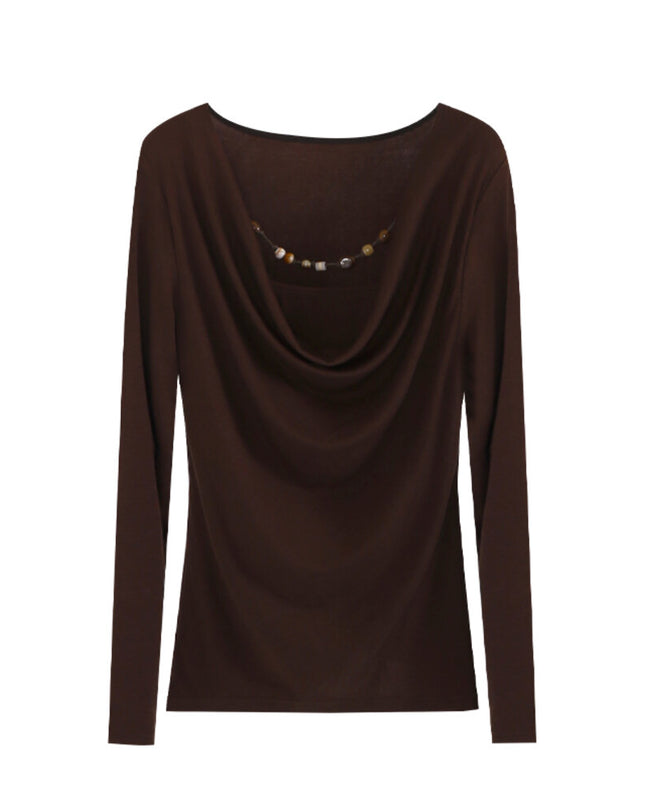 AIXILI Beaded Drape-Neck Illusion Two-Piece Fitted Knit Top
