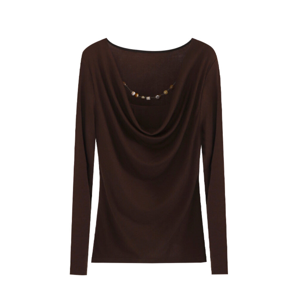AIXILI Beaded Drape-Neck Illusion Two-Piece Fitted Knit Top