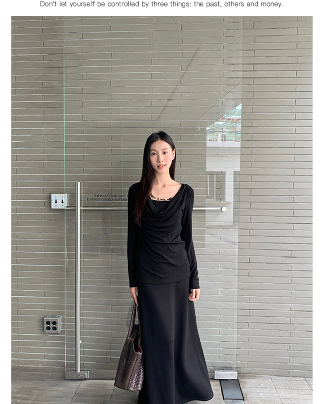 AIXILI Beaded Drape-Neck Illusion Two-Piece Fitted Knit Top