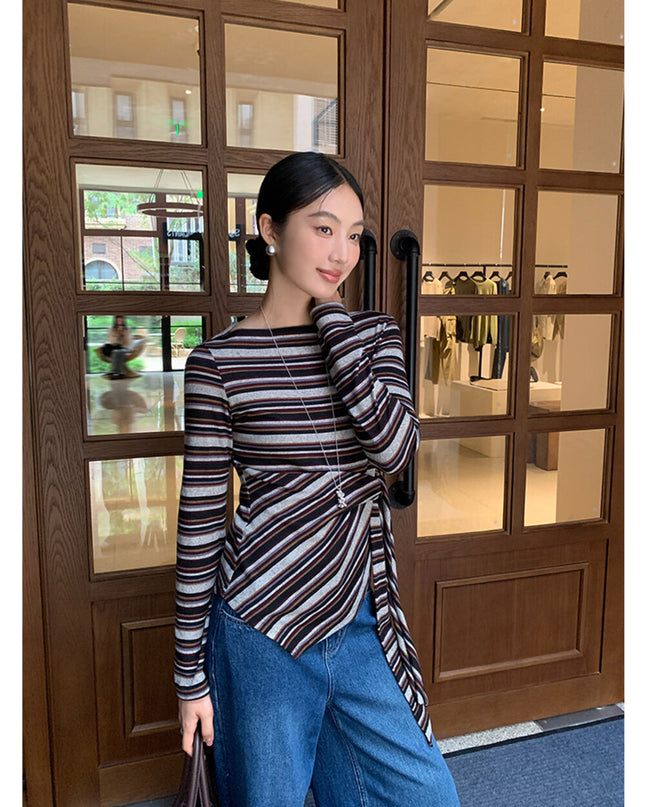 AIXILI Retro Stripe Drape-Hem Tie-Waist Knit Top