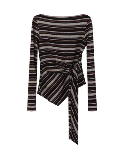 AIXILI Retro Stripe Drape-Hem Tie-Waist Knit Top