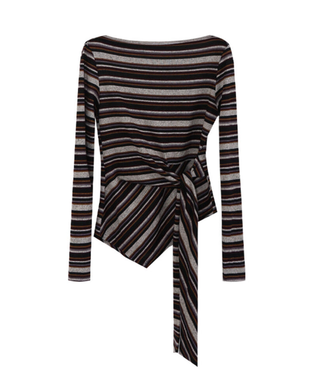 AIXILI Retro Stripe Drape-Hem Tie-Waist Knit Top