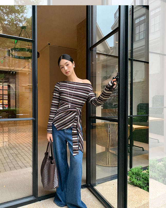 AIXILI Retro Stripe Drape-Hem Tie-Waist Knit Top