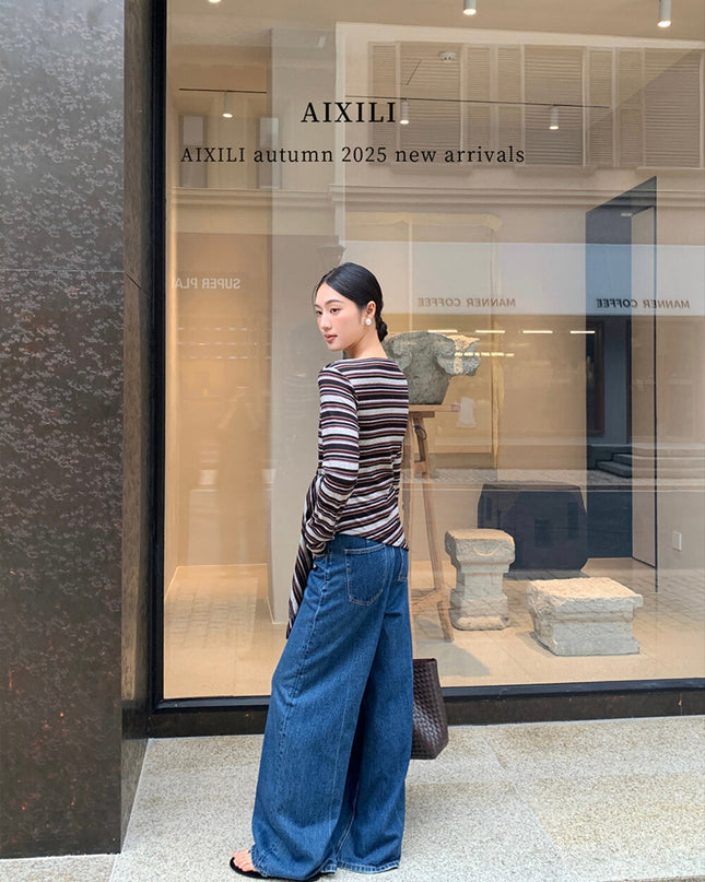 AIXILI Retro Stripe Drape-Hem Tie-Waist Knit Top