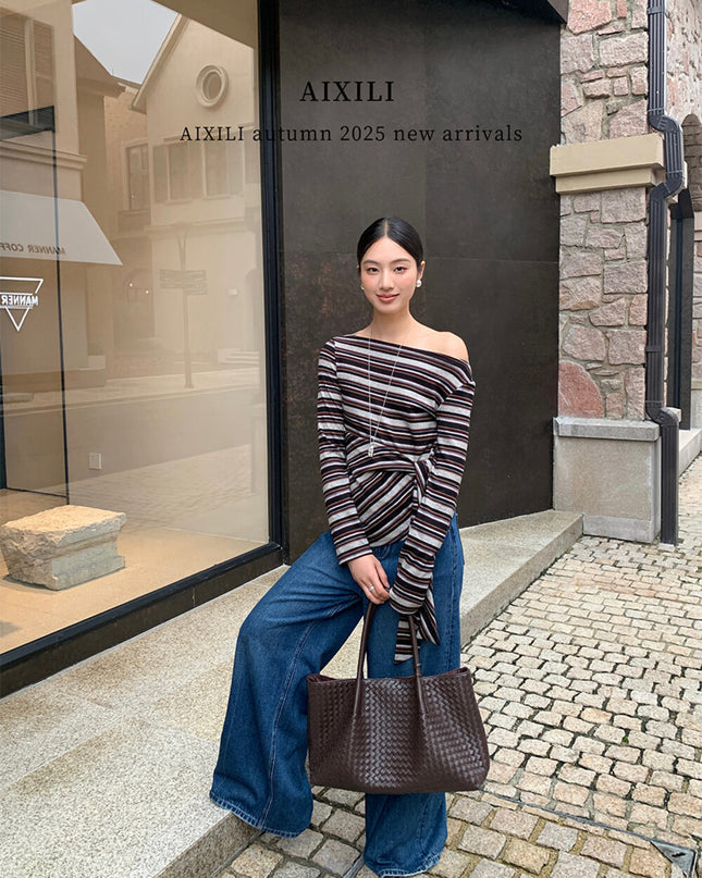 AIXILI Retro Stripe Drape-Hem Tie-Waist Knit Top
