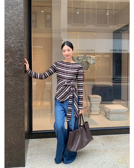 AIXILI Retro Stripe Drape-Hem Tie-Waist Knit Top