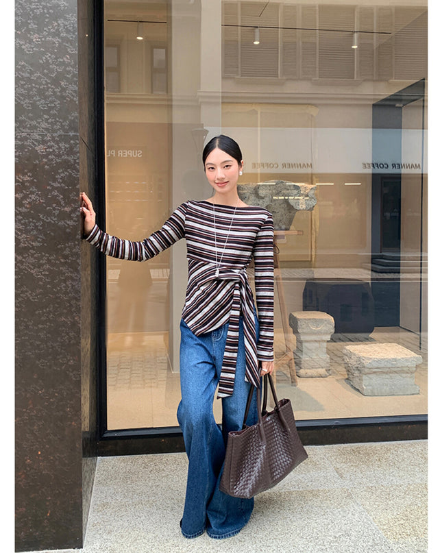 AIXILI Retro Stripe Drape-Hem Tie-Waist Knit Top